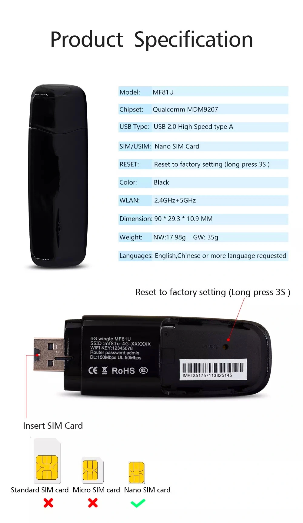 4G Modem Mf81u LTE WiFi Dongle Support Bands B1/3/5/40 4G LTE USB Modem